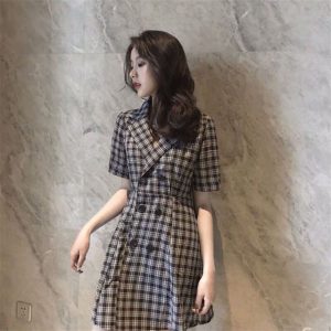 (Sẵn sz 2XL) Váy cổ vest kẻ caro cộc tay