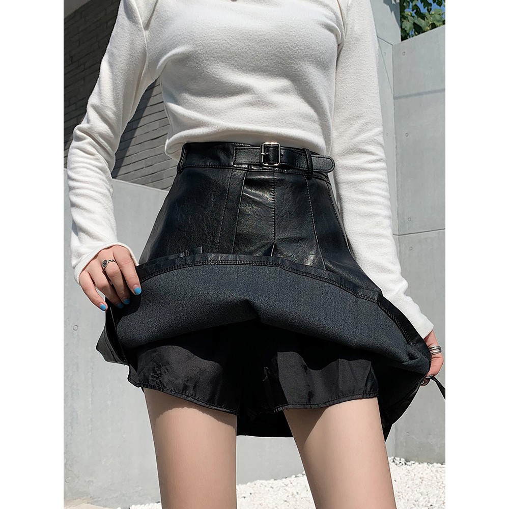 (Sẵn sz 3XL, có ảnh thật) Váy da nhỏ xếp ly eo cao mùa thu và mùa đông - Ảnh 4