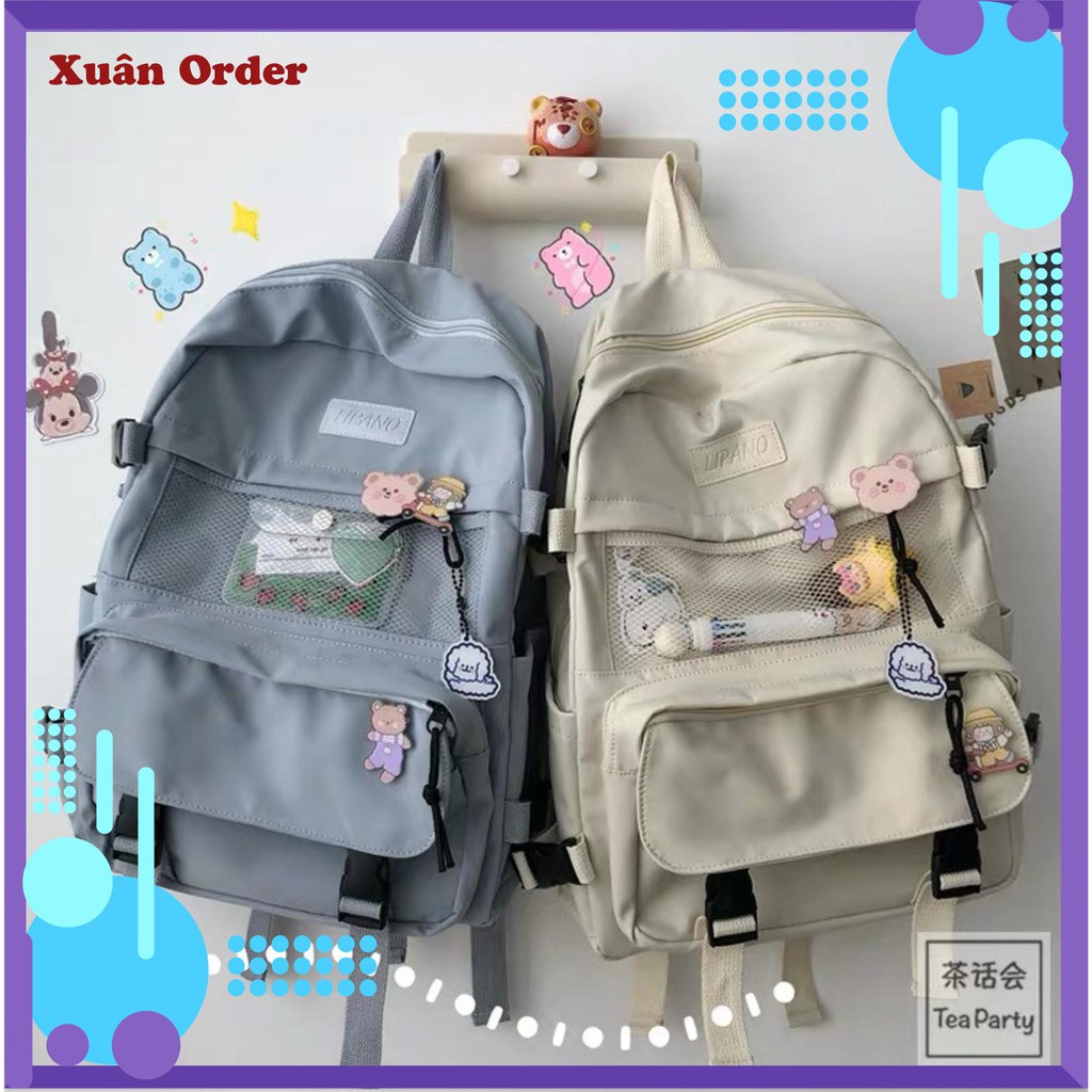 Balo Ulzzang Nhiều Ngăn, Dây Thắt Và Kèm Nhiều Huy Hiệu Cute