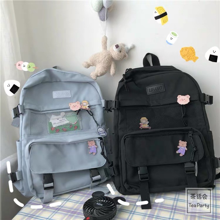 Balo Ulzzang Nhiều Ngăn, Dây Thắt Và Kèm Nhiều Huy Hiệu Cute - Ảnh 3