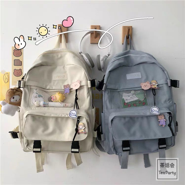 Balo Ulzzang Nhiều Ngăn, Dây Thắt Và Kèm Nhiều Huy Hiệu Cute - Ảnh 4