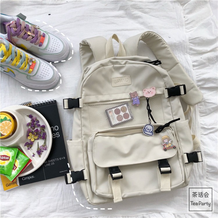 Balo Ulzzang Nhiều Ngăn, Dây Thắt Và Kèm Nhiều Huy Hiệu Cute - Ảnh 7