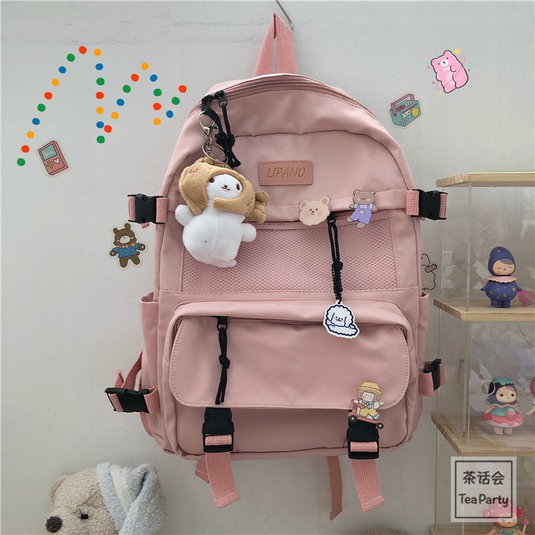 Balo Ulzzang Nhiều Ngăn, Dây Thắt Và Kèm Nhiều Huy Hiệu Cute - Ảnh 8